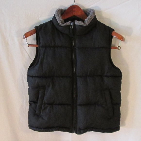 Gymboree Boys Black Puffy Vest w\ Fleece Lining and Gray Imitation Wool … - Picture 1 of 4